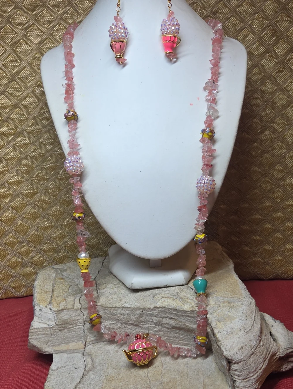 Tea Party Wedding Cake Beaded Necklace with Teapot Pendant & Tea Cup Earrings
